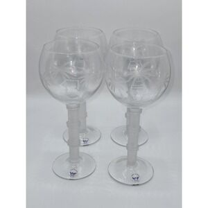 Wells Hand Blown Frosted Bamboo Stem Etched Palm Trees Wine Glasses 8.75" Set‎ 4